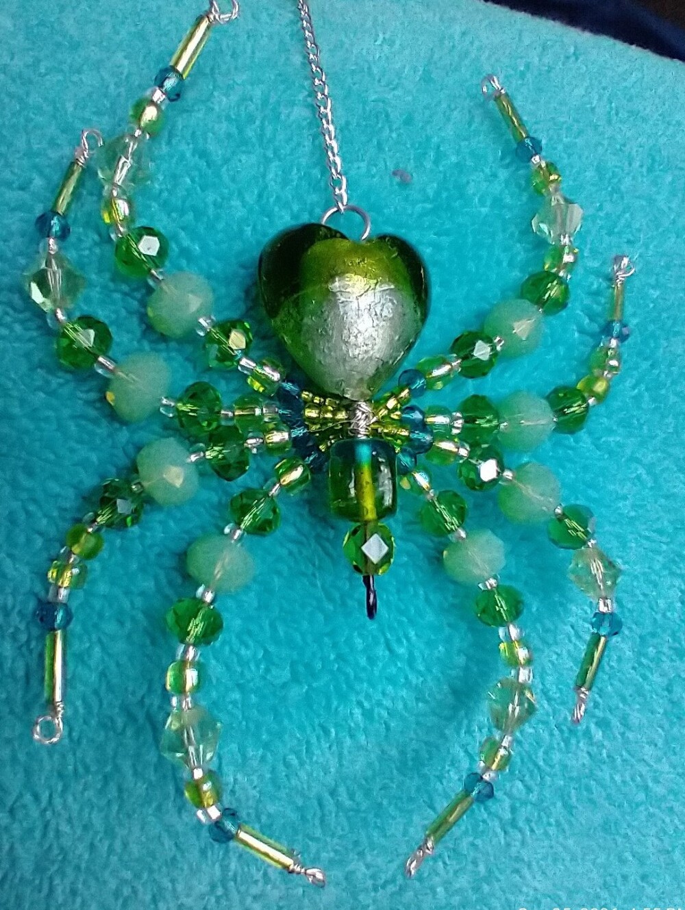Hand Crafted • Green & Teal Beaded Spider Pendant
